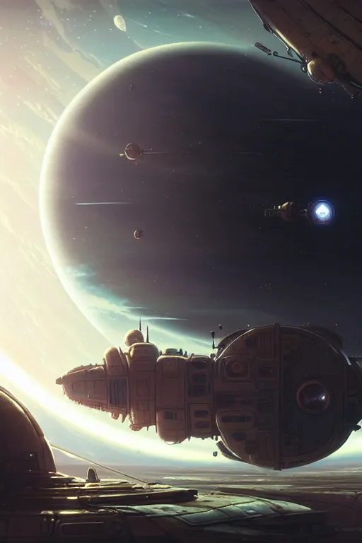 Image similar to steampunk spaceship infront of a planet, exquisite details, denoised, mid view, by karl kopinski, artsation, greg rutkowski, makoto shinkai, takashi takeuchi, studio ghibli