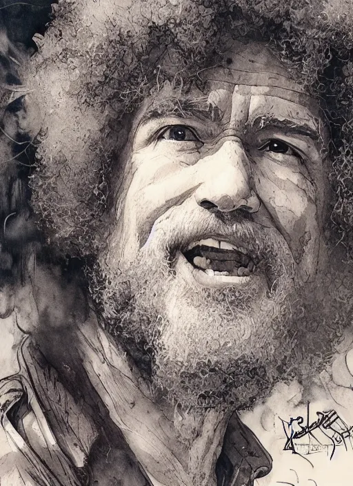 Image similar to portrait, BoB Ross, Using Stable Diffusion to paint, watercolor, dramatic lighting, cinematic, establishing shot, extremly high detail, foto realistic, cinematic lighting, pen and ink, intricate line drawings, by Yoshitaka Amano, Ruan Jia, Kentaro Miura, Artgerm, post processed, concept art, artstation, matte painting, style by eddie mendoza, raphael lacoste, alex ross