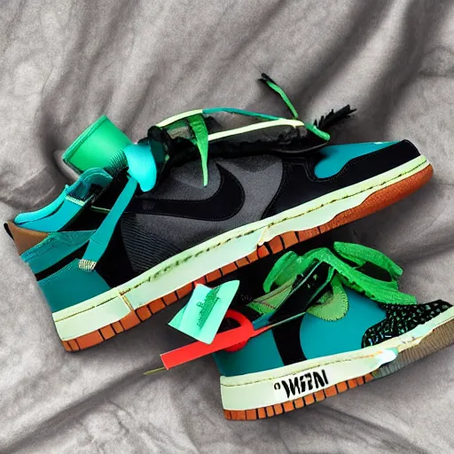 Prompt: nike dunk off - white pine green photograph