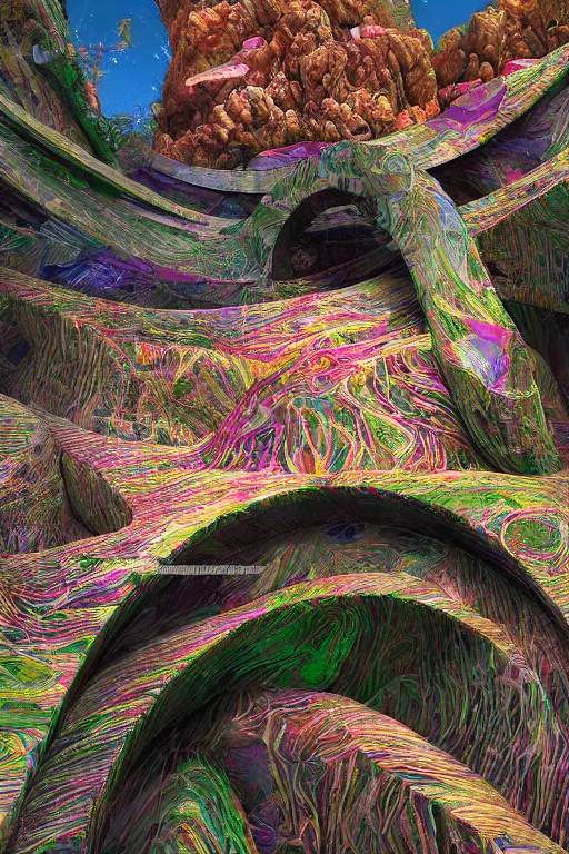 Image similar to hyperrealistic abstract close-up Renaissance psychedelic!! Frank Wright's architecture turns into biotech Zarhi Khalid's architecture!!! in the form of a mobius strip on a mountain landscape!!! parts of the house hang as consoles in the form of lily petals, octane render, hd