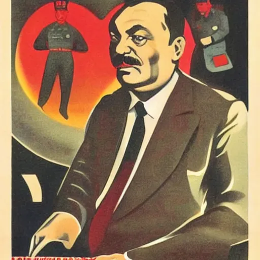 Image similar to viktor orban sitting in the lap of stalin, soviet propaganda poster art from 1 9 5 0