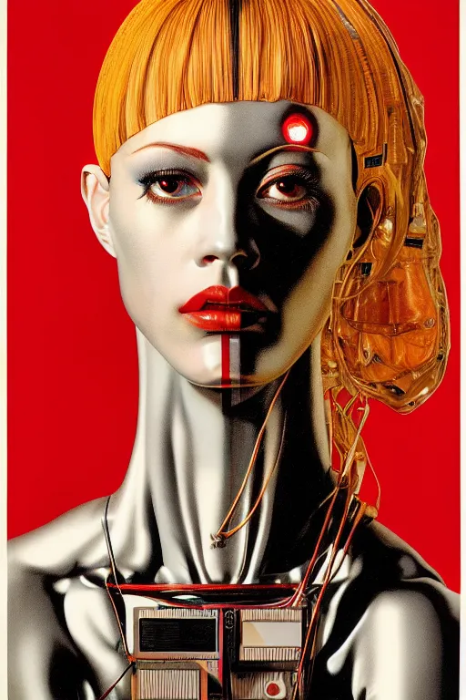 Prompt: cyborg head wrapped in plastic bags by Hajime Sorayama and Artemisia Gentileschi, centered, symmetrical, led, red, bilateral symmetry, 60s poster, polished, lightning, retro dark vintage sci-fi, 2D matte illustration