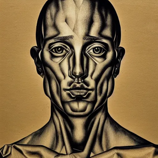Image similar to lithography on paper conceptual figurative post - morden monumental portrait by versace and escher and hogarth, illusion surreal art, highly conceptual figurative art, intricate detailed illustration, controversial poster art, polish poster art, geometrical drawings, no blur
