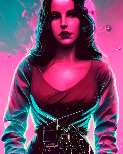 Image similar to portrait of lana del rey as a cyberpunk cyborg. sci - fi intricate abstract. intricate artwork, tear drops, roses, by tooth wu, wlop, beeple, dan mumford. concept art, octane render, trending on artstation, greg rutkowski, asymmetrical, cinematic arthouse, key art, hyper realism, iridescent accents