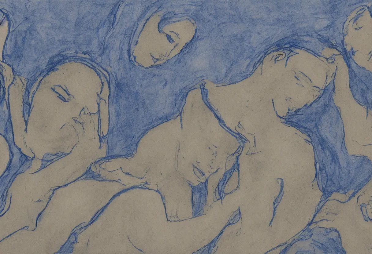 Image similar to a blue drawing of 3 maria's in a landscape crying