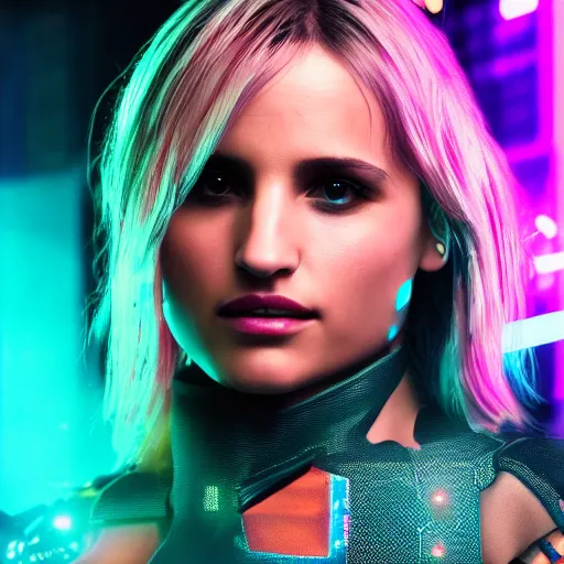 Image similar to dianna agron portrait, Cyberpunk 2077, photorealistic, ultra detailed, cybernetic body parts, neon, octane, bokeh, 8k