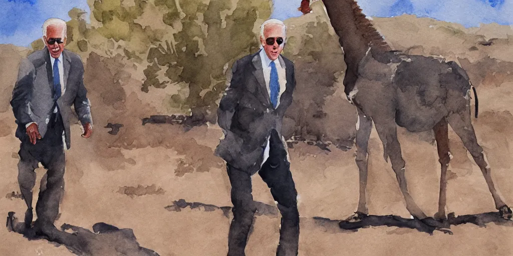 Image similar to Joe Biden in a giraffe suit , walking in the desert watercolor painting