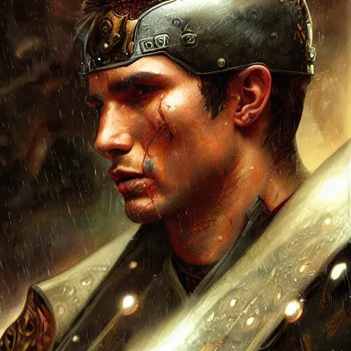 Image similar to portrait of a male warrior bruised and bleeding, raining, lightning strike in background, intricate, headshot, highly detailed, digital painting, artstation, concept art, sharp focus, cinematic lighting, illustration, art by artgerm and greg rutkowski, alphonse mucha, cgsociety