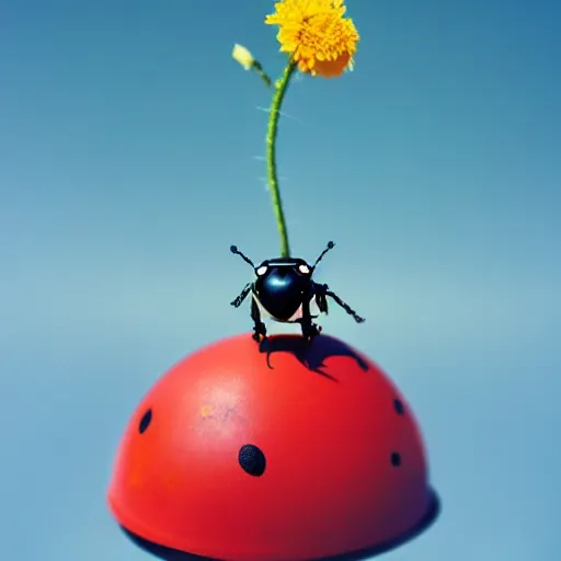 Prompt: a cute tiny robot is holding a big flower up above its head, a ladybug is beside the robot, award winning macro photography, kodak ektar, dramatic lighting