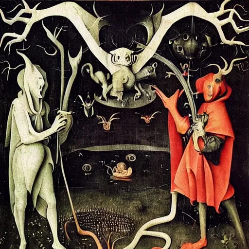 Image similar to vin the garden of beasts, ery detailed and colorful, by Hieronymous Bosch, by M.C. Escher, by Caravaggio, beautiful, eerie, surreal, psychedelic