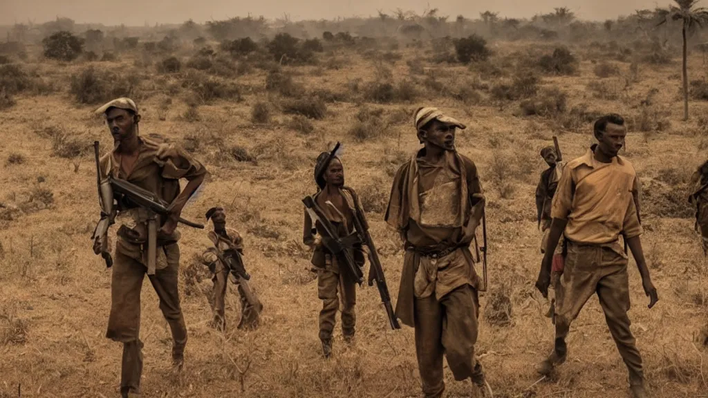 Image similar to Ethiopian civil war, moody, dark, movie scene, hd, 4k, wide shot