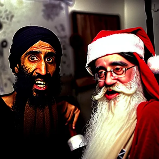 Image similar to uhd candid photo of bin laden and santa claus on skid row, making a dirty bomb. correct faces, intricate details, hyperdetailed, accurate faces. photo by annie leibowitz