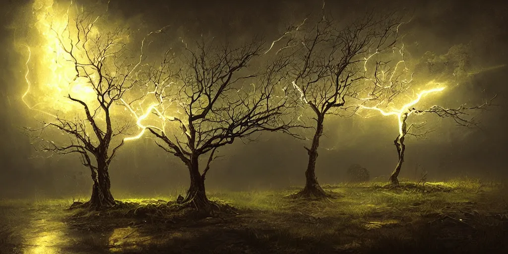 Image similar to the lightning tree, overexposure, electricity, night, unreal engine, digital art, 8 k, oil painting, fantasy art, illustration, detailed and intricate environment