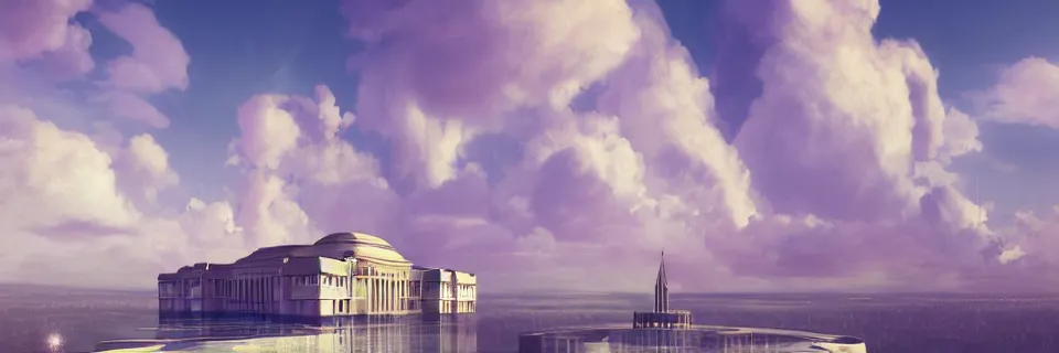 Image similar to beautiful digital illustration of an Art Deco palace in the sky, world of tomorrow, architecture, realistic clouds, pastel color scheme, reflecting pool, concept art, deviantArt, artsation, artstation HQ, HD, 16k resolution, octane, finalRender, Unreal Engine