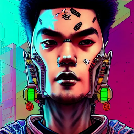 Prompt: portrait painting of a cyberpunk jackson wang with an x tattooed on his forehead, sharp focus, award - winning, trending on artstation, masterpiece, highly detailed, intricate. art by josan gonzales and moebius and deathburger