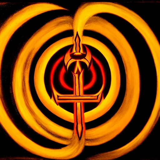 Image similar to dramatic chiaroscuro painting of an esoteric symbol, glowing with strange power. it is surrounded by a ring of flames, but remains untouched.