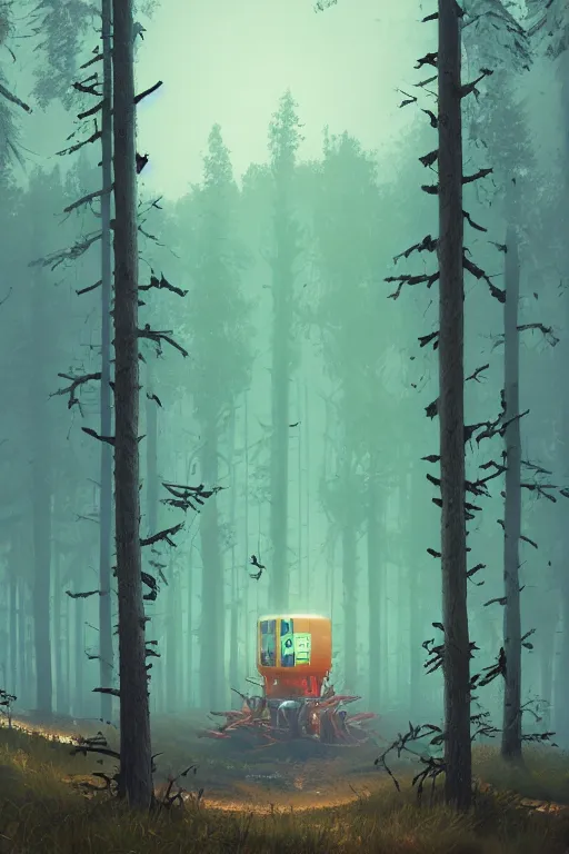 Image similar to Human, Simon Stalenhag in forest clearing style, trends on artstation, artstation HD, artstation, unreal engine, 4k, 8k