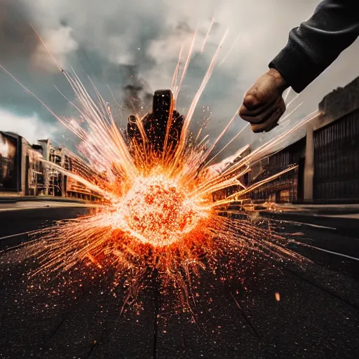 Prompt: man hitting the ground creating a explosion