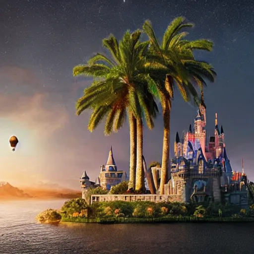 Image similar to the disney castle surrounded by giant palm trees on a giant floating island in the sky at night, a huge light bulb above the island illuminates the island, cinematic, digital art by erik johansson, 8 k resolution, hyper detailed, hyper realistic, sharp focus, unreal engine 5