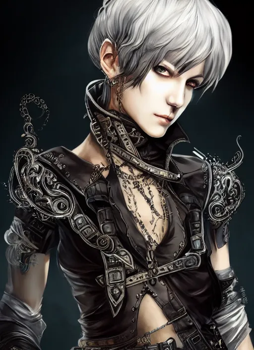 Image similar to Half body portrait of young woman with short silver hair wearing ornate leather tunic, pirate attire. In style of Yoji Shinkawa and Hyung-tae Kim, trending on ArtStation, dark fantasy, great composition, concept art, highly detailed, dynamic pose.