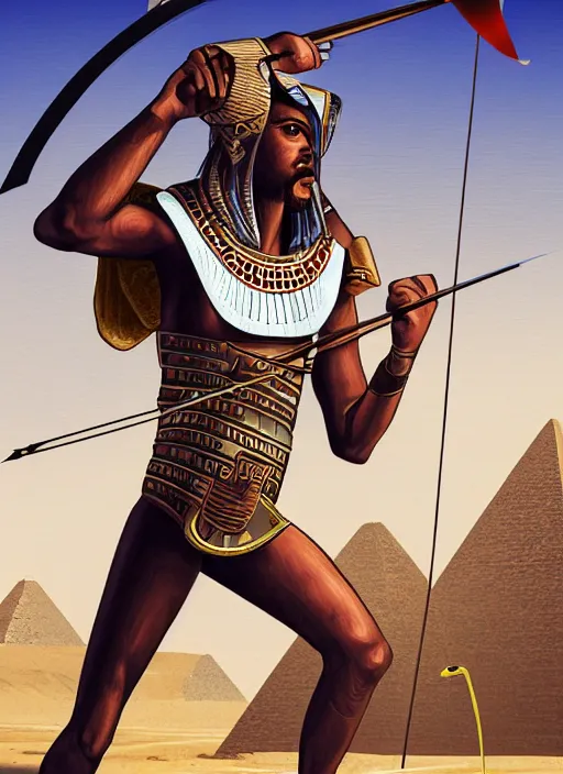 Image similar to illustration of a man shooting an arrow with a bow, digital illustration, egyptian art by brian despain, behance contest winner, afrofuturism, egyptian art, 2 d game art, hyper - realism