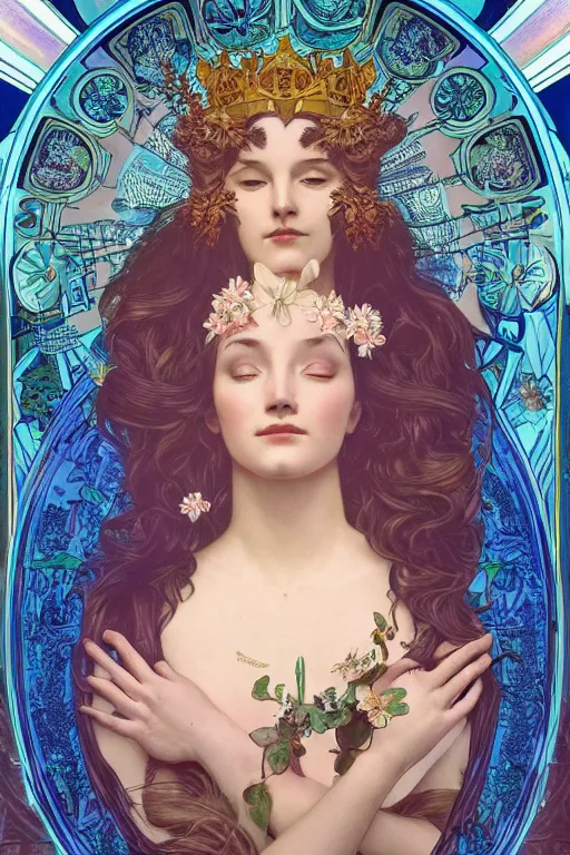 Image similar to a goddess of magnolia a queen of the garden, meditating! with a beautiful symmetrical face!!! cinematic lightning, isolated, studio lighting by alphonse mucha and tom bagshaw