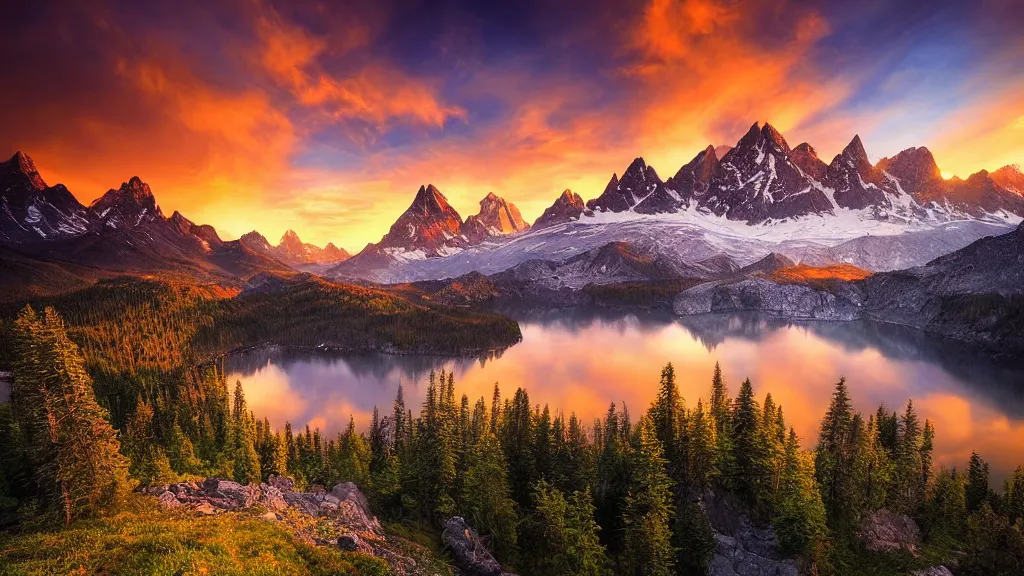 Image similar to amazing landscape photo of mountains with lake in sunset by marc adamus, beautiful dramatic lighting