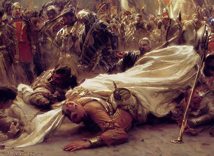Prompt: the assassination of the king, the king fallen dead on the ground, highly detailed painting by gaston bussiere, craig mullins, j. c. leyendecker