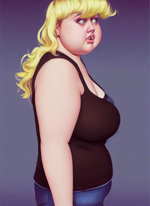 Image similar to full body portrait, teenage betty cooper, blonde hair, obese, bangs, ponytail, sultry, realistic, sultry smirk, fluffy bangs, curly bangs, fat, belly, beautiful girl, intricate, elegant, highly detailed, digital painting, artstation, concept art, smooth, sharp focus, illustration, art by wlop, mars ravelo and greg rutkowski