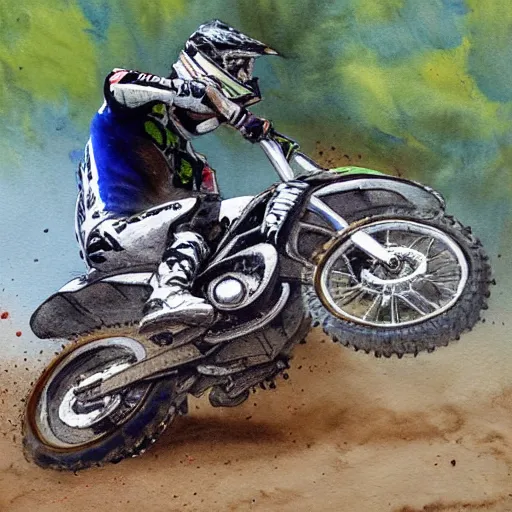 Image similar to dirt bike off - road motorcycle crash face ground dirt in water color painting style