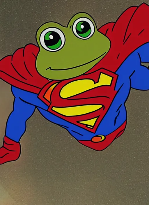 Image similar to film still of Pepe the frog as Superman in Superman, 4k