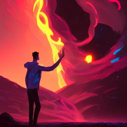 Prompt: fiery prometheus gives a glowing computer to a man who reaches for it with arm outstretched, glowing binary code, bioluminescence, digital painting bioluminance alena aenami artworks in 4 k design by lois van baarle by sung choi by john kirby artgerm style pascal blanche and magali villeneuve