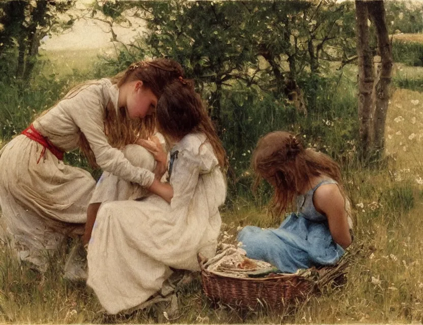 Prompt: peasant girl braiding hair to another girl Cottage core, Cinematic focus, Polaroid photo, vintage, neutral colors, soft lights, foggy, by Steve Hanks, by Serov Valentin, by lisa yuskavage, by Andrei Tarkovsky, by Terrence Malick, 8k render, detailed, oil on canvas, Горизонталь