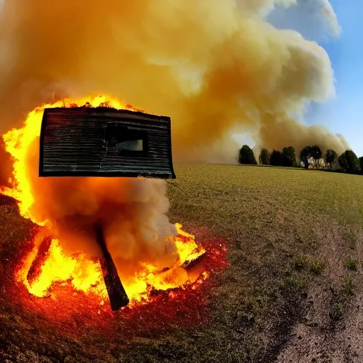 Prompt: fisheye skate video style photo of a burning building in an empty field, yellow red tones, hyper realistic, wide, wheat blowing in the wind