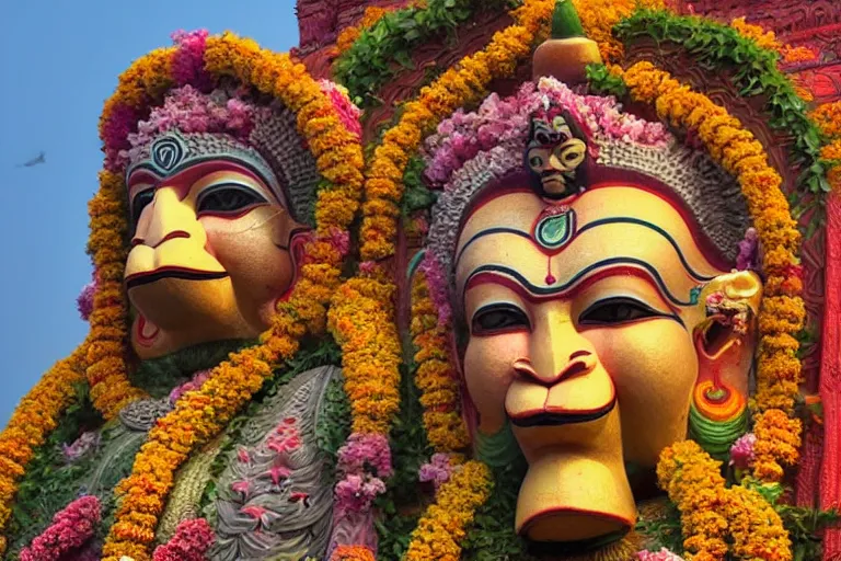 Prompt: high quality 3 d flowerpunk biomorphic hanuman head building in the middle of mumbai!!, kalighat highly detailed, cinematic smooth, stephen shore & john j. park, soft morning light, wide shot, high angle, uhd 8 k, deep focus