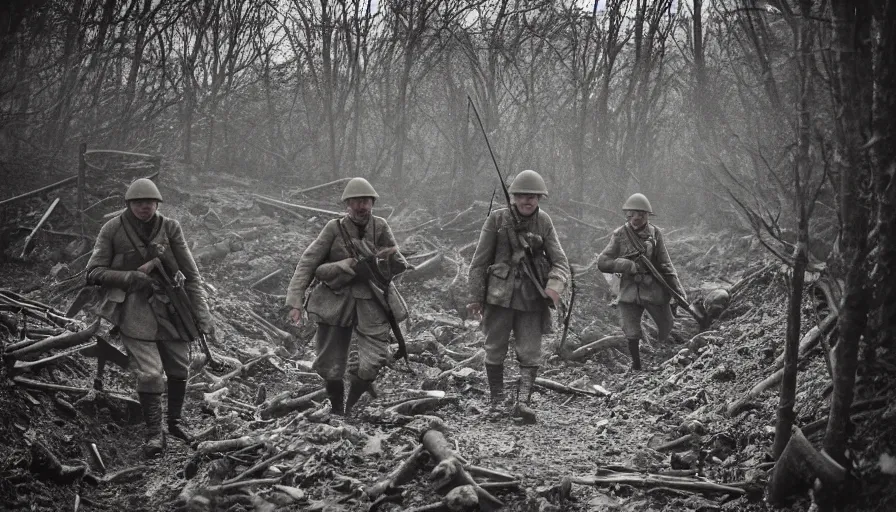 Image similar to ghosts of dead World War 1 soldiers patrolling abandoned WW1 trenches, dirty lens, cinematic lighting, IMAX cinematography, 35mm