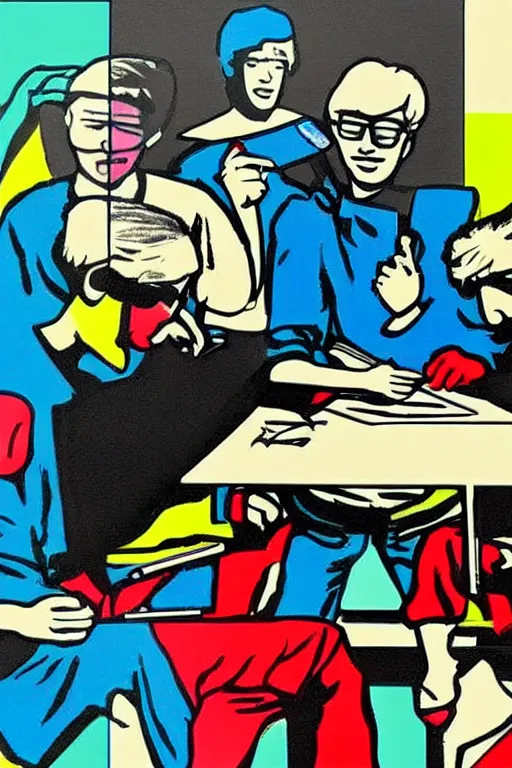 Prompt: 5 men writing code on laptops around a table, pop art, warhol