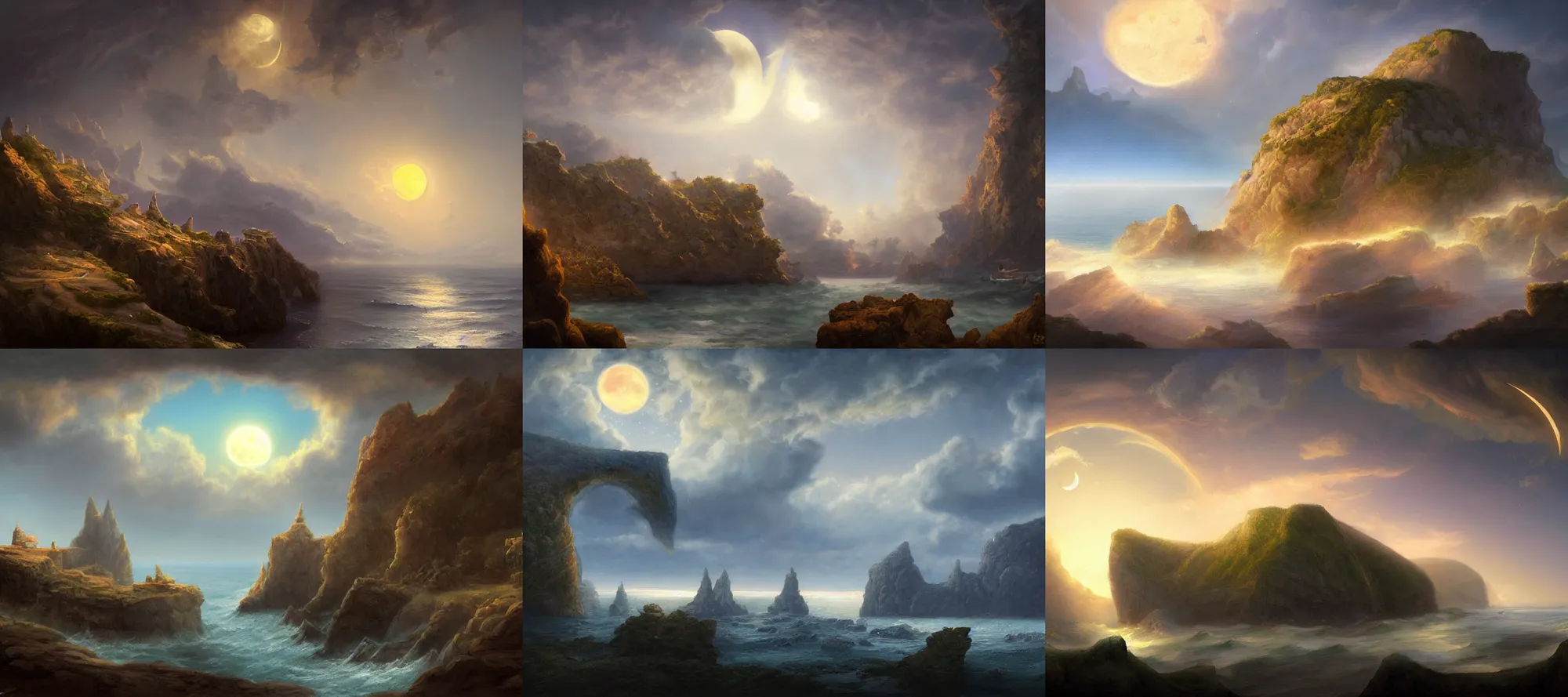 Prompt: a digital painting of a landscape with cliffs overlooking the sea, clouds concealing the crescent moon and stars at night by justin gerard, paul bonner, volumetric lighting, digital art, artstation hd