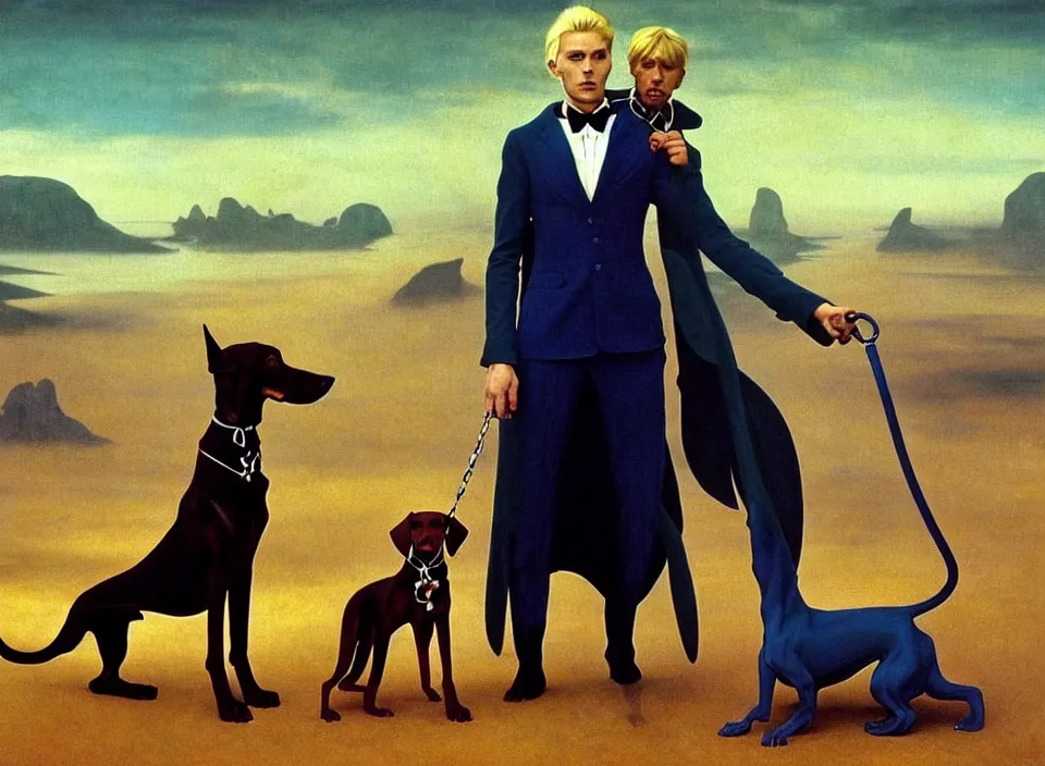 Image similar to realistic detailed portrait movie shot of an elegant blond male vampire with a doberman on a leash, sci fi landscape background by denis villeneuve, amano, yves tanguy, alphonse mucha, max ernst, caravaggio, roger dean, masterpiece, rich moody colours, dog teeth, blue eyes