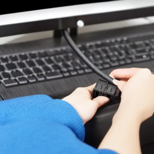 Image similar to hdmi cable plugged in, back of head, woman, computer