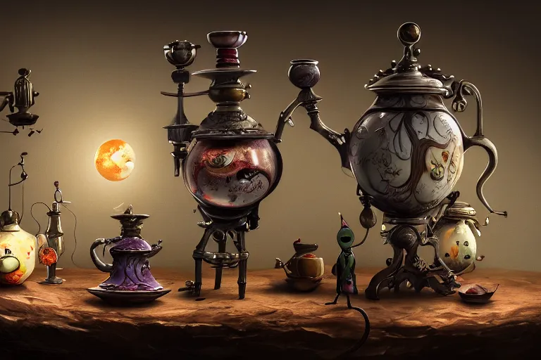 Image similar to a very detailed concept art of tim burton samovar, trending on artstation, digital art, 4 k, hyper realistic, octane render, sharp focus