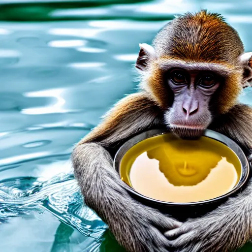 Prompt: a monkey swiming in a bowl of soup