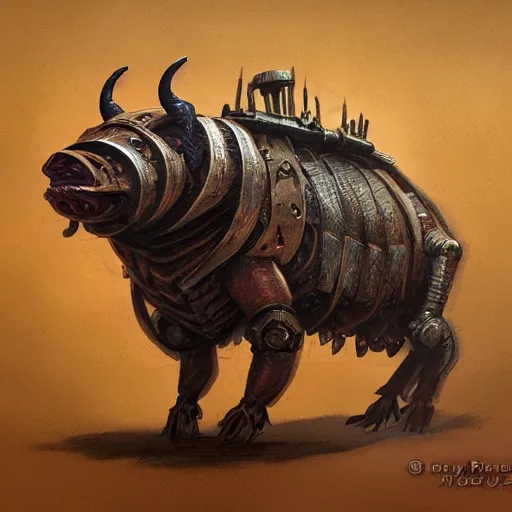 Prompt: portrait concept painting of a rampaging ashigaru mecha boar, warthog. fantasy painting, dungeons and dragons, magic the gathering art, of bamboo, laquer and steel, steampunk - inspired by brian froud and greg rutkowski and jessica rossier