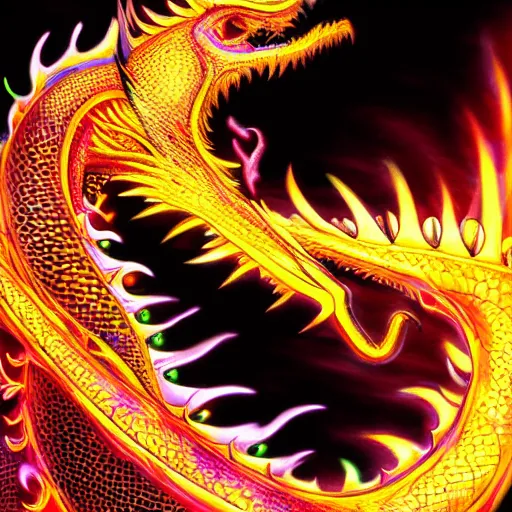 Prompt: hyper - realistic drawing of a neon dragon spitting neon fire, glass skin, intricate, highly detailed, digital art, sharp focus