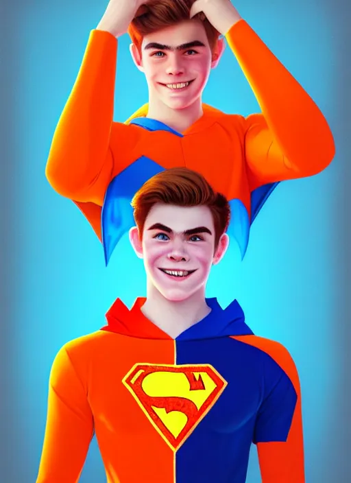 Image similar to friendly teenage archie andrews wearing an orange superhero costume with heart logo, heart, freckles, blue cape, heart emblem on chest, blue cape, intricate, elegant, glowing lights, highly detailed, digital painting, artstation, sharp focus, illustration, art by wlop, mars ravelo and greg rutkowski