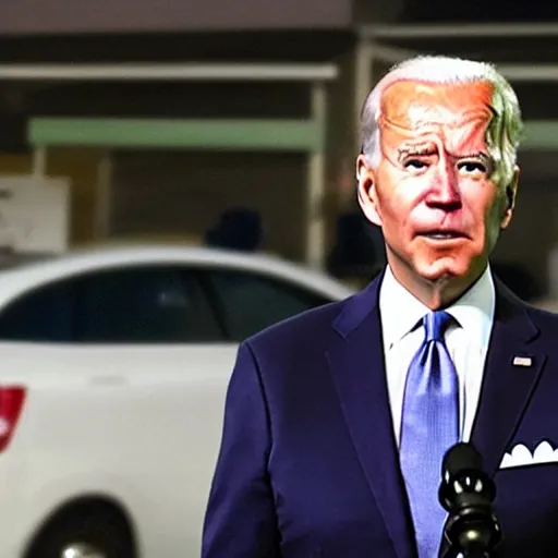 Prompt: joe biden is lost and standing in a 7 - 1 1 parking lot at 2 am looking confused