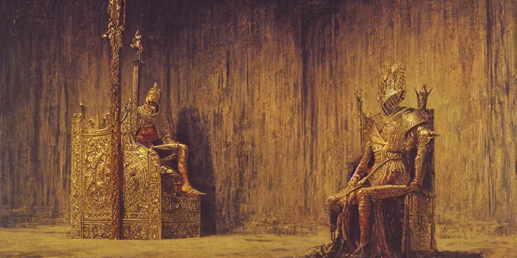 Image similar to a medieval king sitting on a golden throne leaning on a shiny sword in a palace, beksinski painting