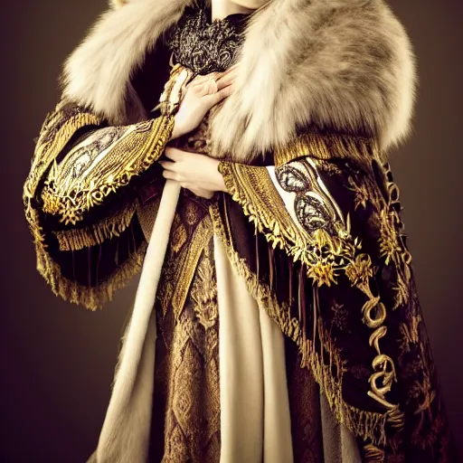 Prompt: photo of a real-life very beautiful nordic princess with an ornate cloak and crown, highly detailed