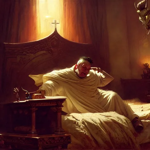 Image similar to the catholic pope in his bed, scared, because a horned demon is attacking the pope. highly detailed painting by gaston bussiere, greg rutkowski, craig mullins 8 k