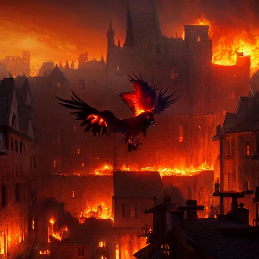 Image similar to Phoenix in fire flying through a medieval town by night, buildings in fire, dark, destruction, post-apocalyptic, DnD character, unreal engine, octane render, dramatic lighting, pond, digital art, by Stanley Artgerm Lau, greg rutkowski, thomas kindkade, alphonse mucha, loish, norman Rockwell